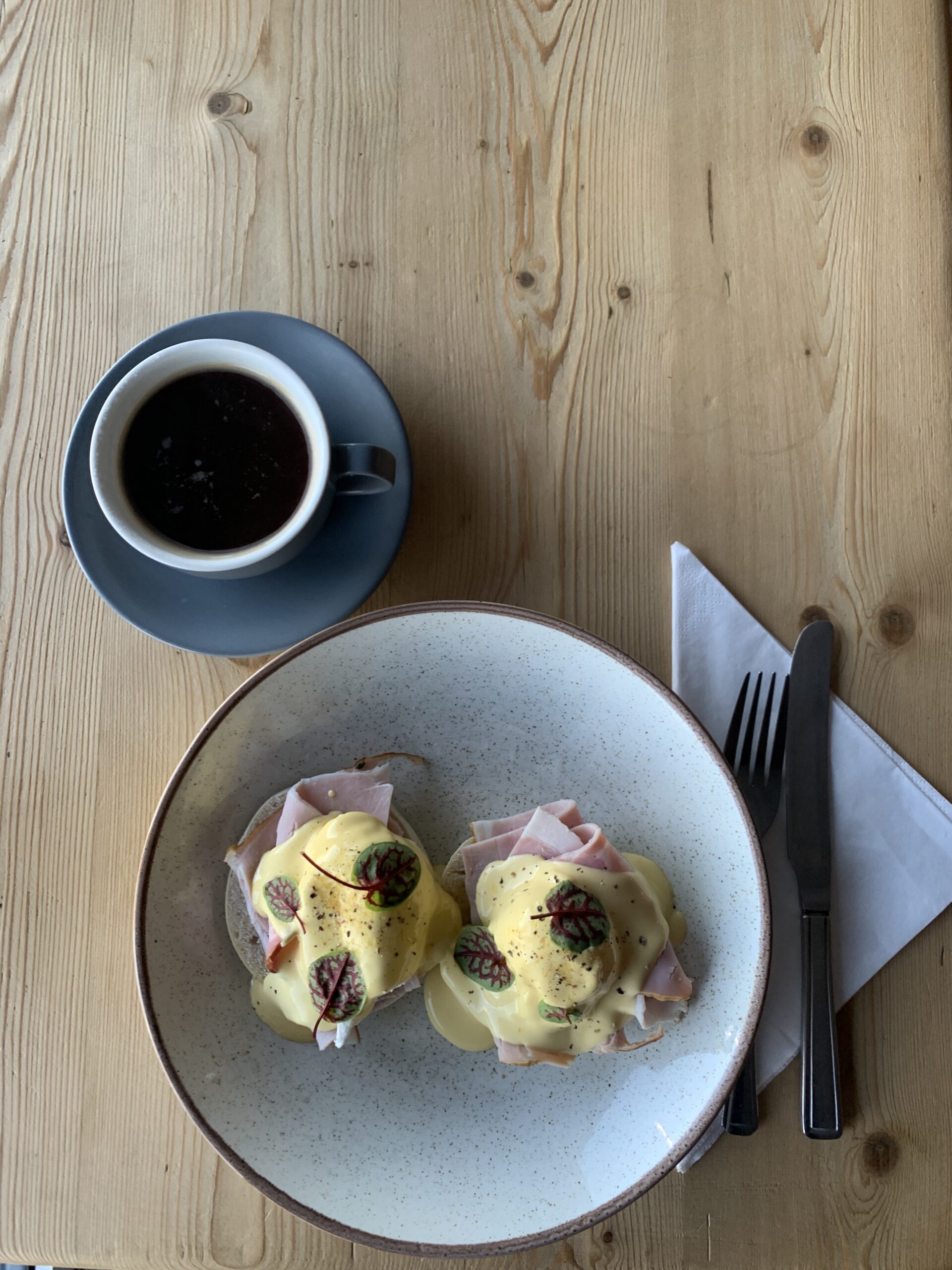 Eggs Benedict with coffee at The Outlook at Fox’s, Ipswich